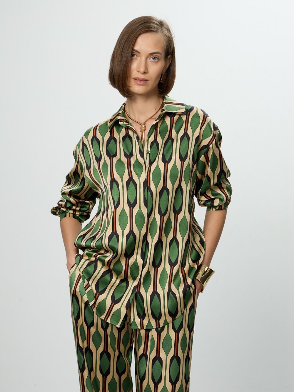 Рубашка Хельсинки зеленый принт вискоза