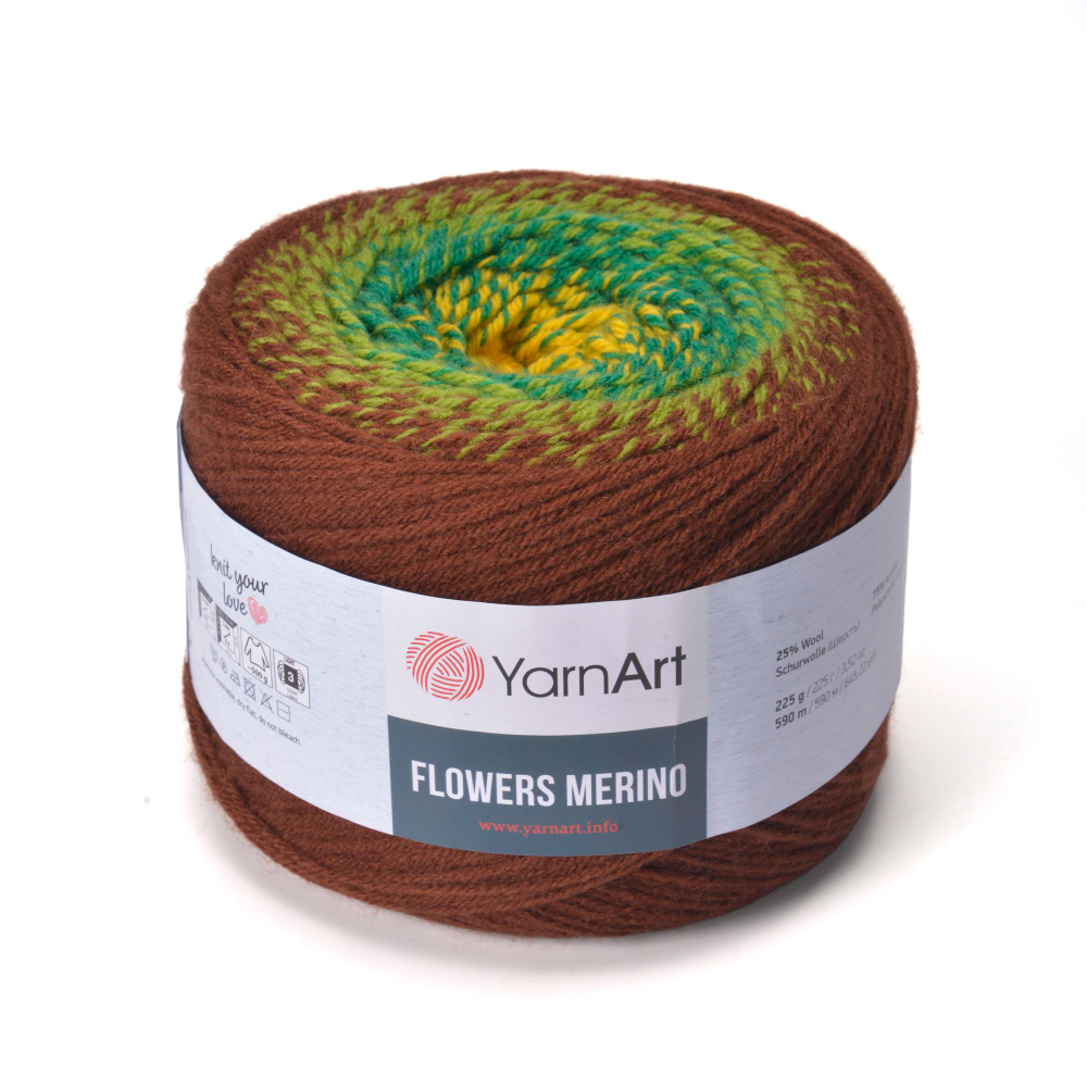 Фловерс Мерино (Flowers Merino) пряжа YarnArt 25%шерсть 75%акрил 1x225г/590м (556 коричнево-зелено-желтый)