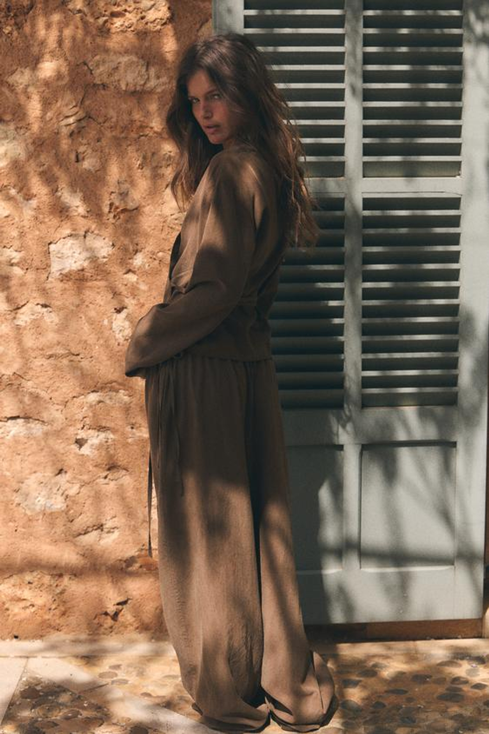 ZARA БРЮКИ ПАЛАЦЦО С ЗАВЯЗКАМИ, ТЕМНО-КОРИЧНЕВЫЙ