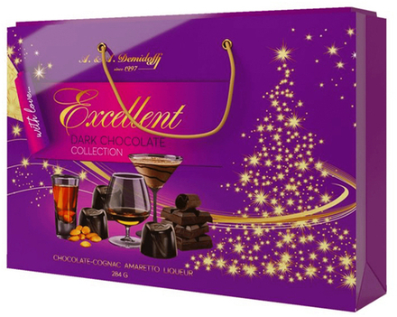 Конфеты Demidoff из темного шоколада с начинками (крем с коньяком, сливочный ликер, амаретто) НГ в сумке 284г