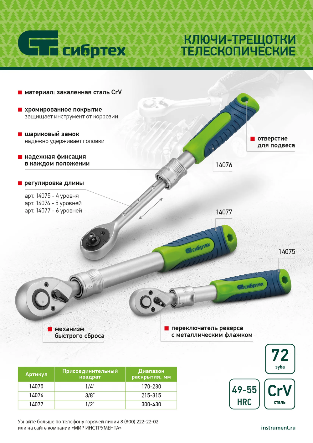 Ключ-трещотка телескопический 1/4", 170-230 мм, 72 зуба, с быстрым сбросом Сибртех