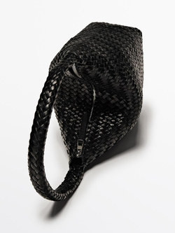 Massimo Dutti Сумка-мешок из кожи наппа с плетеным узором, черный