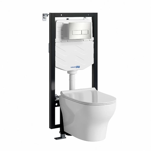 Унитаз подвесной WasserKRAFT Berkel 56TLT.010.ME.BN03.H001 безободковый, с инсталляцией Vils 56, с крышкой микролифт, белый/кнопка никель
