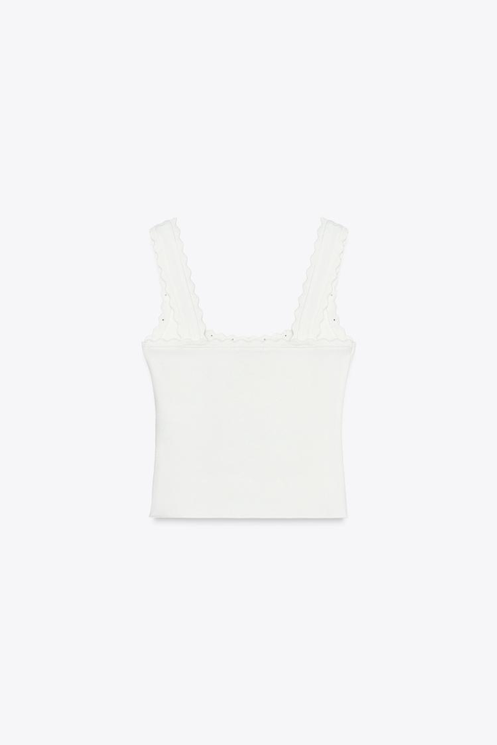 ZARA ТРИКОТАЖНЫЙ ТОП С АЖУРНЫМИ ДЕТАЛЯМИ И БУСИНАМИ, ЖЕЛТОВАТО-БЕЛЫЙ