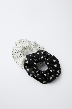 ZARA НАБОР ИЗ ДВУХ РЕЗИНОК ДЛЯ ВОЛОС В ГОРОШЕК И СЕРДЕЧКАМИ, БЕЛЫЙ/ЧЕРНЫЙ