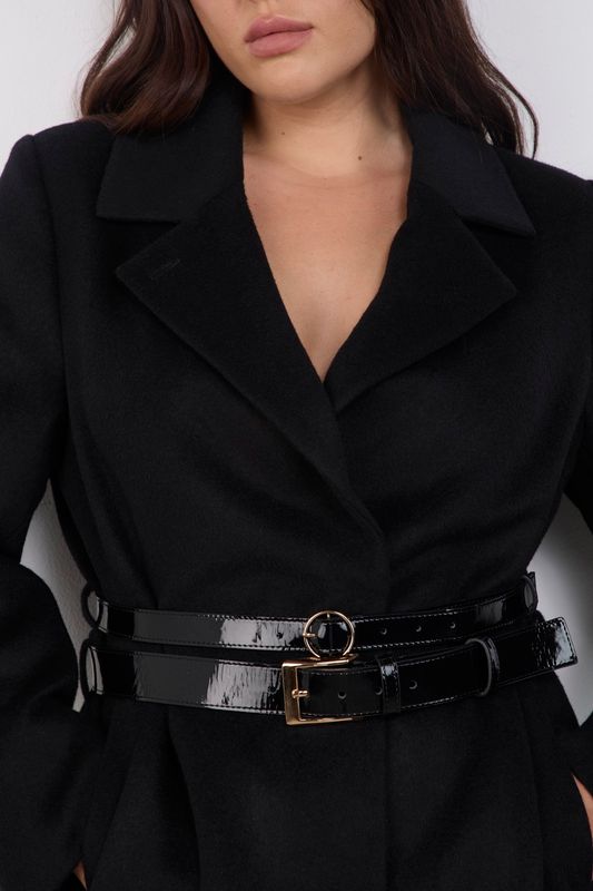 Пальто однобортное с акцентными ремнями, черный