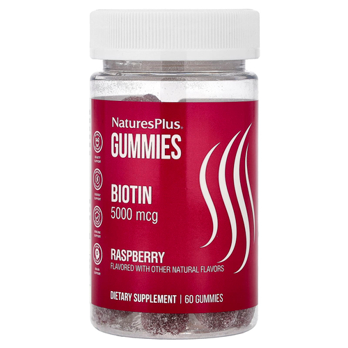 NaturesPlus, Жевательные мармеладки с биотином, малина, 5000 мкг, 60 жевательных таблеток