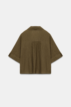 ZARA РУБАШКА СТРУЯЩЕГОСЯ ПОКРОЯ С КОРОТКИМ РУКАВОМ, ОЛИВКОВЫЙ