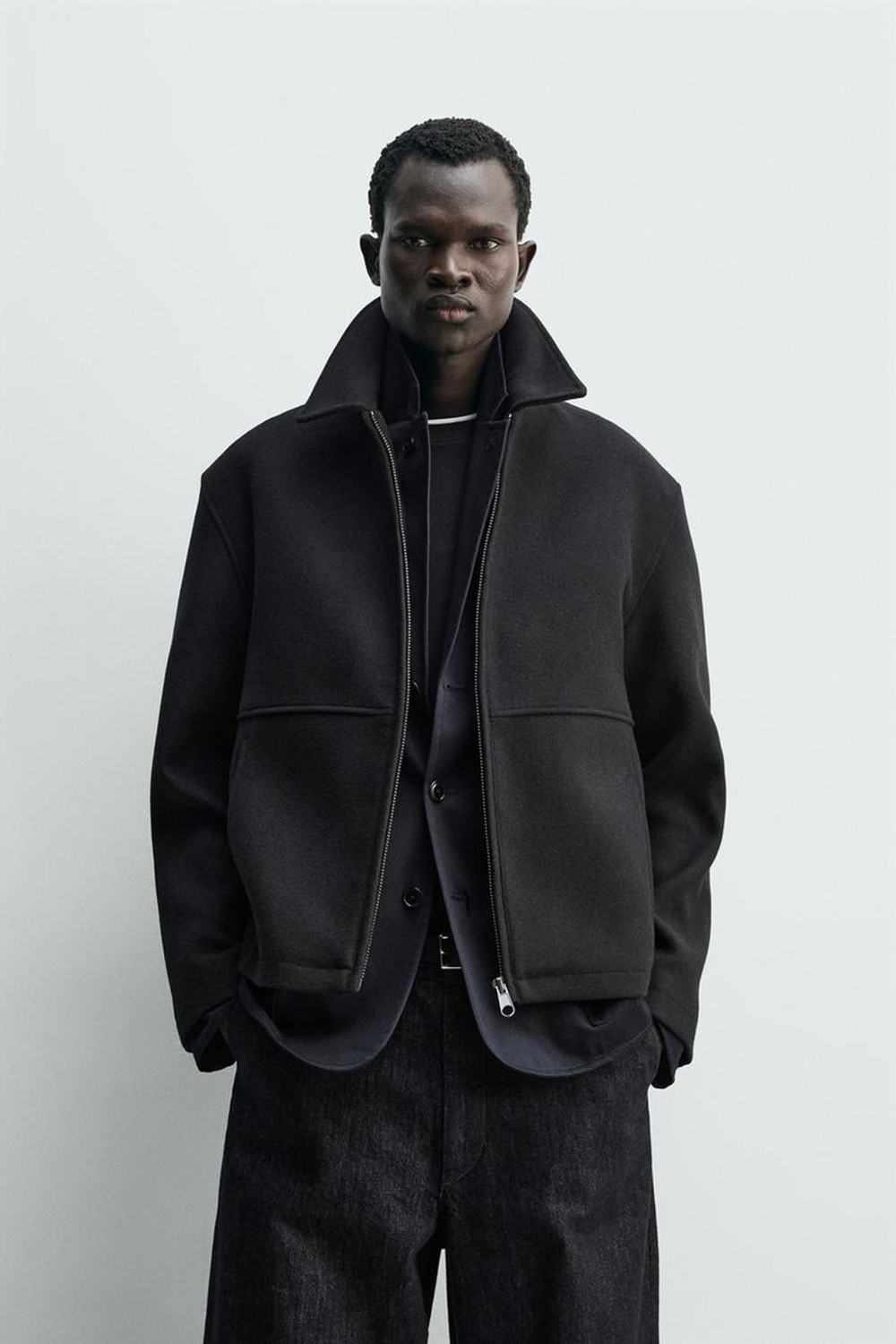 ZARA КУРТКА-БОМБЕР ИЗ ТКАНИ «ЁЛОЧКА» НА МОЛНИИ, ЧЕРНЫЙ