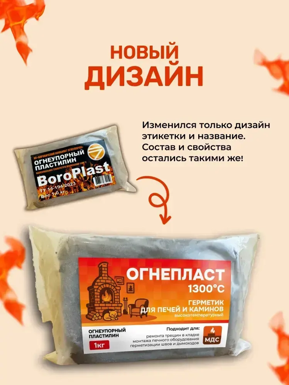 Герметик для печей 1 кг высокотемпературный, огнеупорный пластилин для каминов и дымоходов, термостойкий до 1300 C, жаропрочная замазка для ремонта кладки