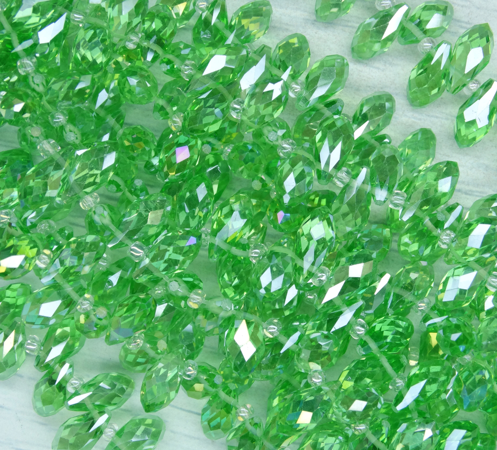 БК029ДС612 Хрустальные бусины-капли, светло-зеленый AB прозрачный, размер 6х12 мм, 15 шт.