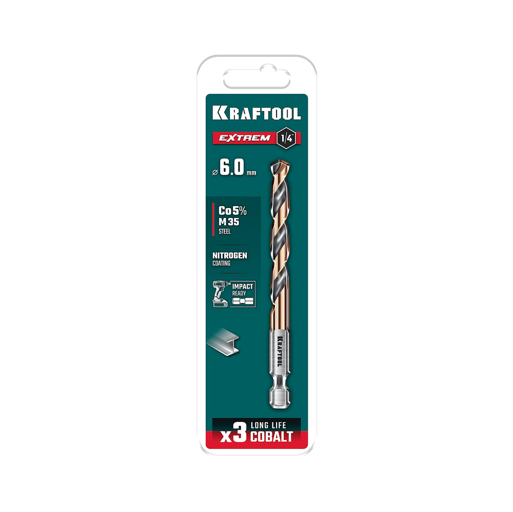KRAFTOOL НЕХ-1/4″, d 6.0 х 98 мм, сверло по металлу для винтовёртов и шуруповертов IMPACT READY (29652-6)