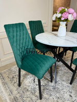 Круглый раздвижной стол "Лофт", итальянский мрамор и стулья "Бентли" изумруд