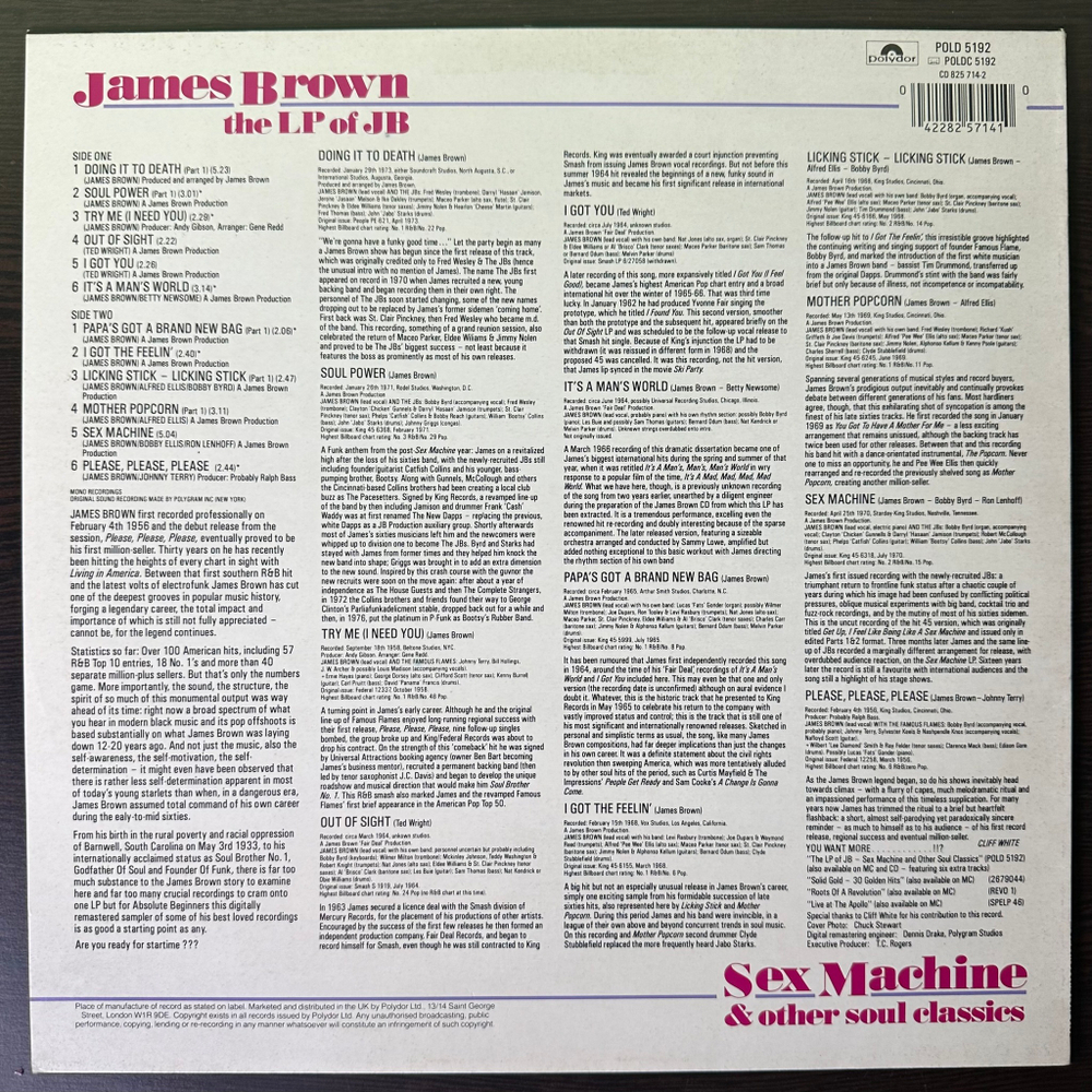 James Brown ‎– The LP Of JB - Sex Machine And Other Soul Classics (Англия 1985г.)
