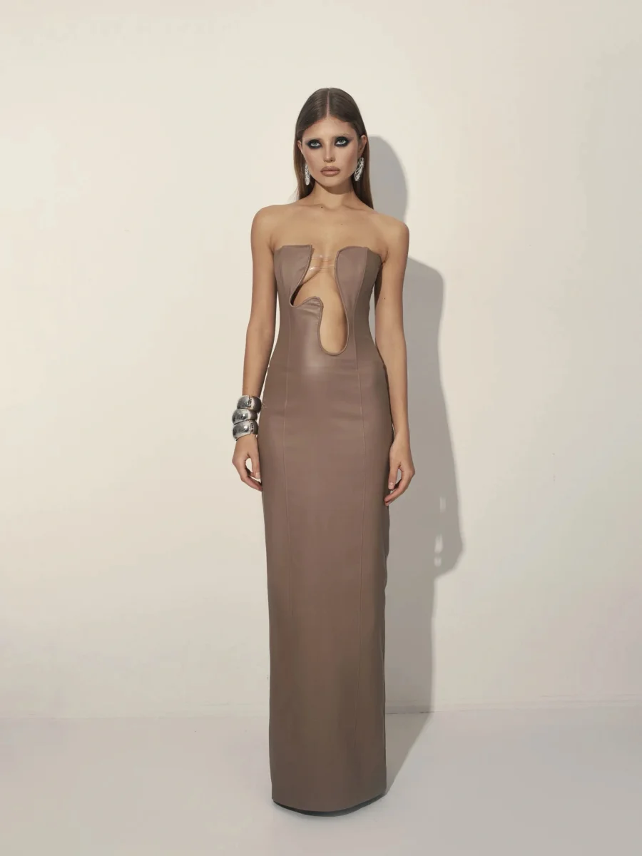 Платье макси из экокожи с металлической вставкой, Бежевый