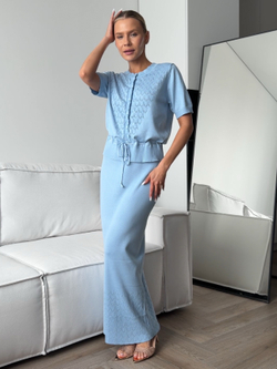 Комплект вязаный, ажурный, длинная юбка и топ на пуговицах