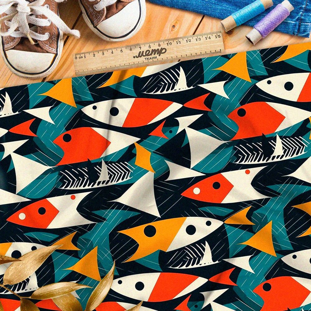 Ткань премиум габардин абстрактные рыбы