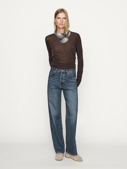 Massimo Dutti Прямые джинсы с высокой талией, средне-синий