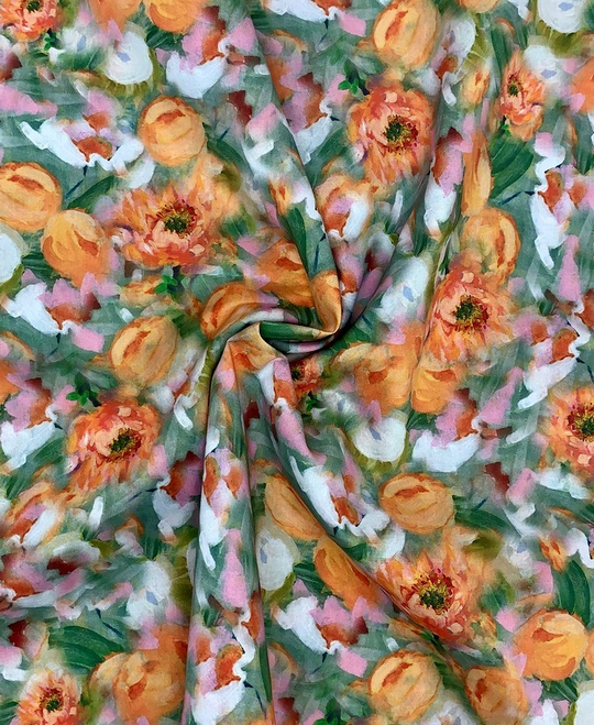 Коттон принт, цветы оранж/зеленый на белом DGT