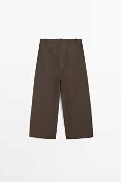 Massimo Dutti Брюки из смесового хлопкового поплина с широкими штанинами, хаки