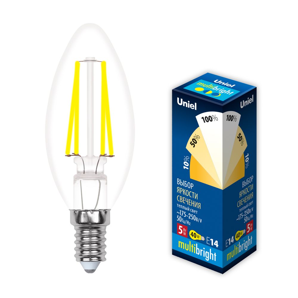 LED-C35-5W-WW-E14-CL-MB GLM10TR Лампа светодиодная. Форма свеча. прозрачная. Серия Multibright. Теплый белый свет 3000K. 100-50-10. Картон. ТМ Uniel.