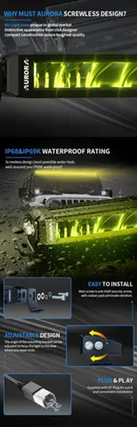 Светодиодная полоса AURORA, белые и золотисто-желтые светодиодные полосы для внедорожных грузовиков, квадроциклов 4x4, внедорожная световая панель