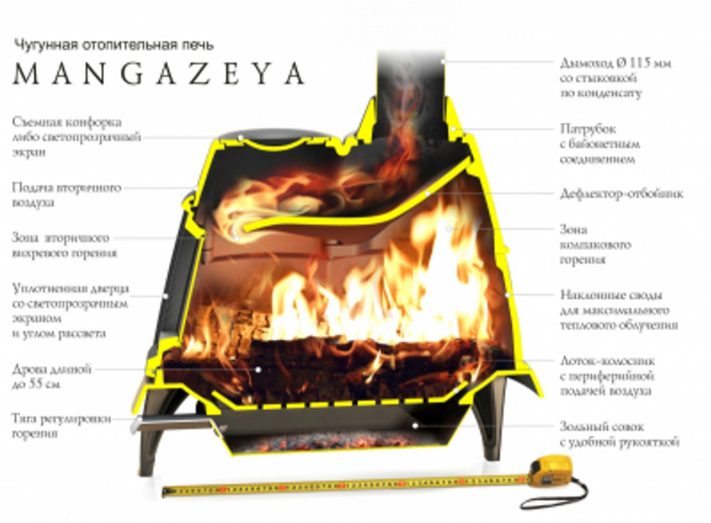 Печь интерьерная отопительная Мангазея, антрацит