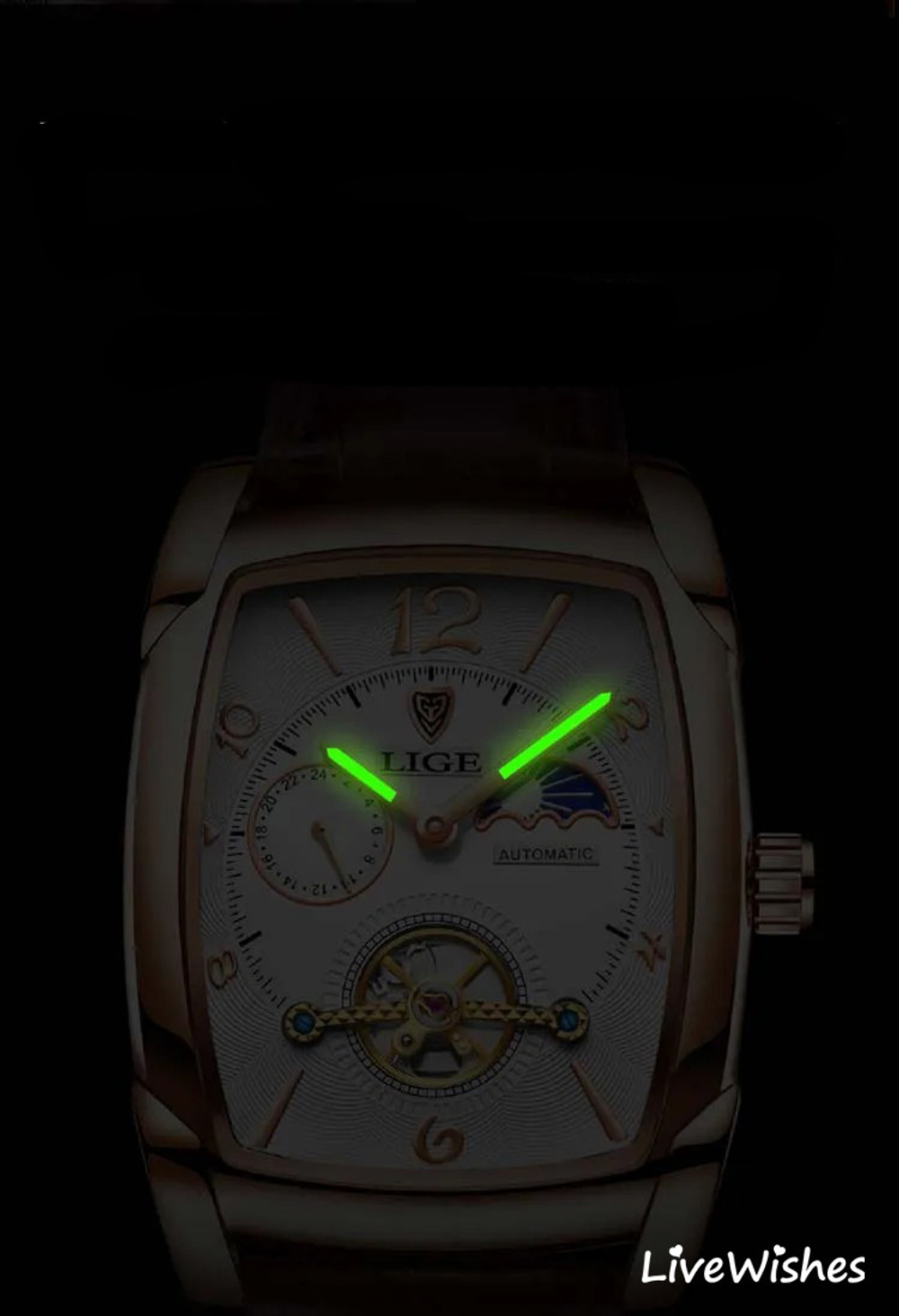 Часы наручные механические с автоподзаводом LIGE на кожаном ремешке, золотистый/коричневый W9110-01