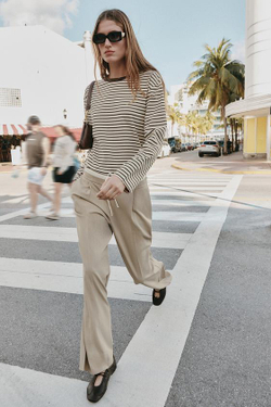 ZARA БРЮКИ С ШИРОКИМИ ШТАНИНАМИ И ДВОЙНЫМ ПОЯСОМ, ПЕСОЧНЫЙ