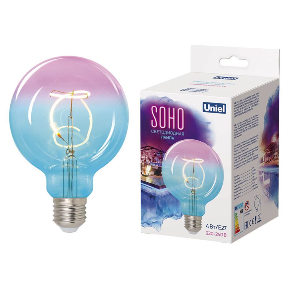 LED-SF01-4W-SOHO-E27-CW BLUE-WINE GLS77TR Лампа светодиодная SOHO. Синяя-винная колба. Спиральный филамент. Картон. ТМ Uniel