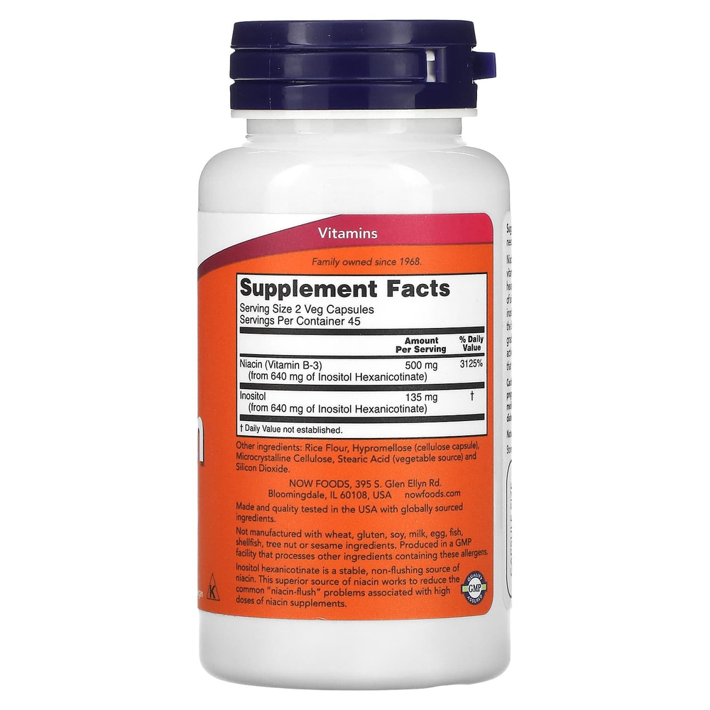 NOW Foods, не вызывающий приливов ниацин, 250 мг, 90 растительных капсул