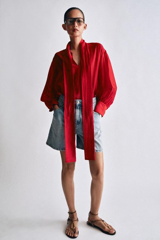 ZARA ДЖИНСОВЫЕ ШОРТЫ С ВЫСОКОЙ ПОСАДКОЙ, ГОЛУБОЙ