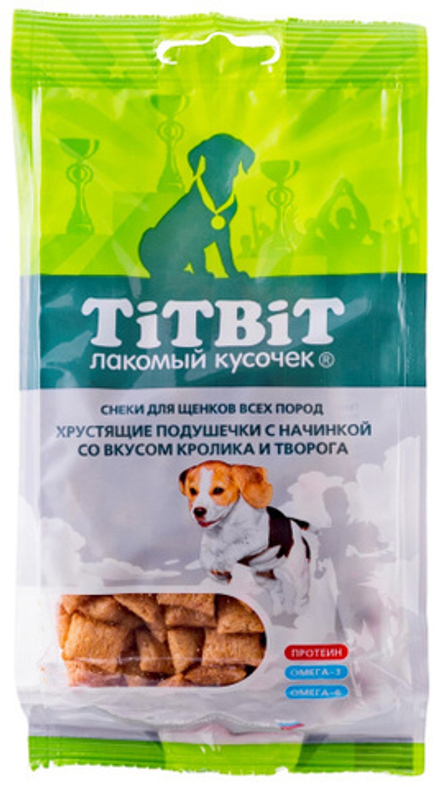 Хрустящие подушечки для щенков начинка со вкусом кролика и творога, 95г ТитБит