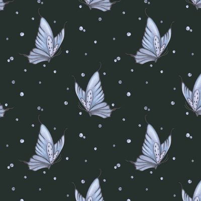 Синие бабочки и горошек. Акварельный паттерн на темном фоне.