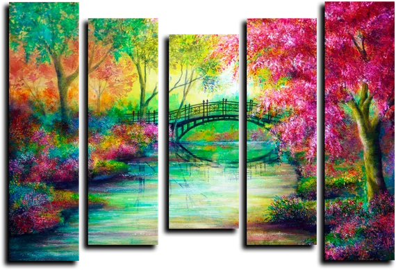 Модульная картина "Мост в красочном лесу"
