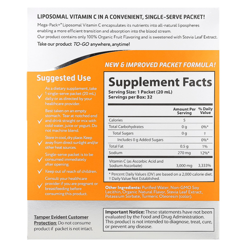 Aurora Nutrascience, Mega-Pack+, липосомальный витамин C, 3000 мг, 32 пакетика по 20 мл (0,68 жидк. унции)