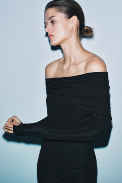 ZARA ПЛАТЬЕ ИЗ ВИСКОЗЫ С МНОГОФУНКЦИОНАЛЬНЫМ ВОРОТНИКОМ, ЧЕРНЫЙ