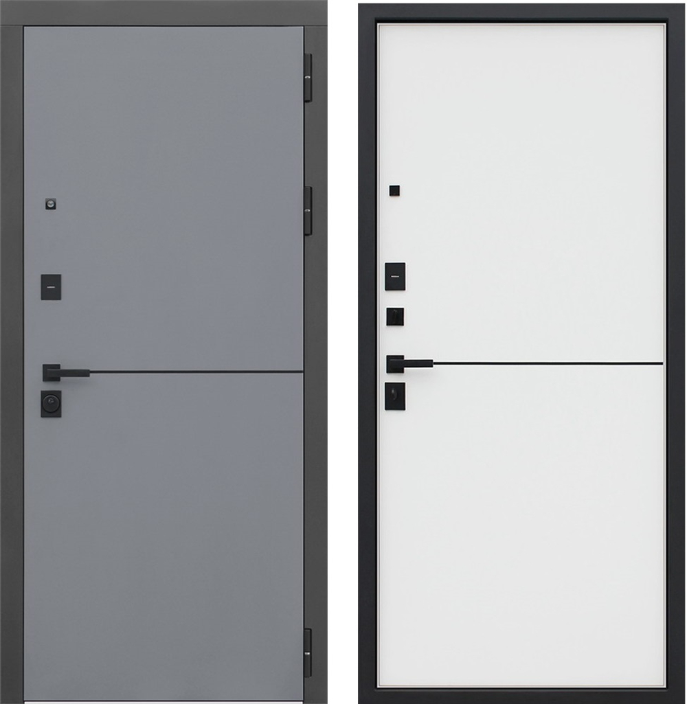 Входная металлическая дверь с зеркалом "Бриг" графит, черный молдинг / Белый матовый, черный молдинг
