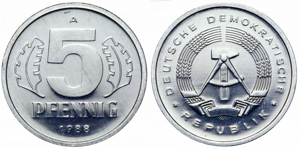 Германия - ГДР 5 пфеннигов, 1988 Герб XF