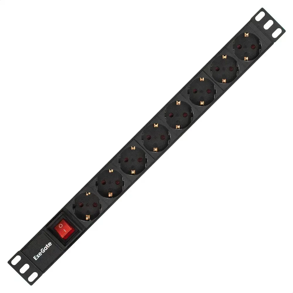 Блок розеток горизонтальный ExeGate ServerPro PDU-19H805 Al-8S-EU3-SW 19" 1U, Алюминий, 8 Schuko, 3 метра выкл. с подсветкой, черный