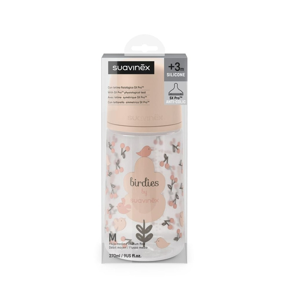 Бутылочка для кормления Suavinex Birdies 270 мл, розовая, 3 мес+