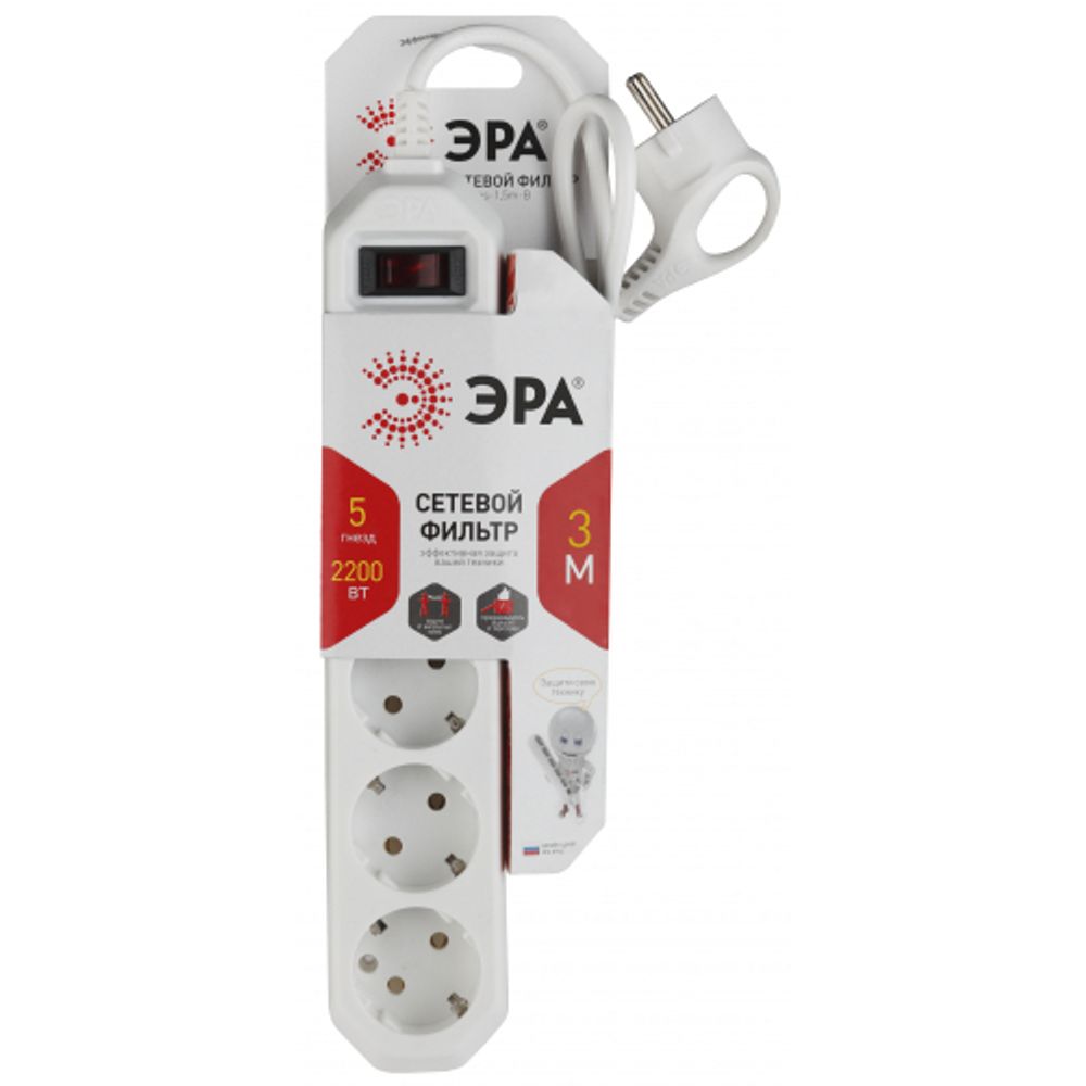 Сетевой фильтр ЭРА USF-5es-3m-W с базовой защитой с заземлением с выключателем 5 розеток 3м 10А белый