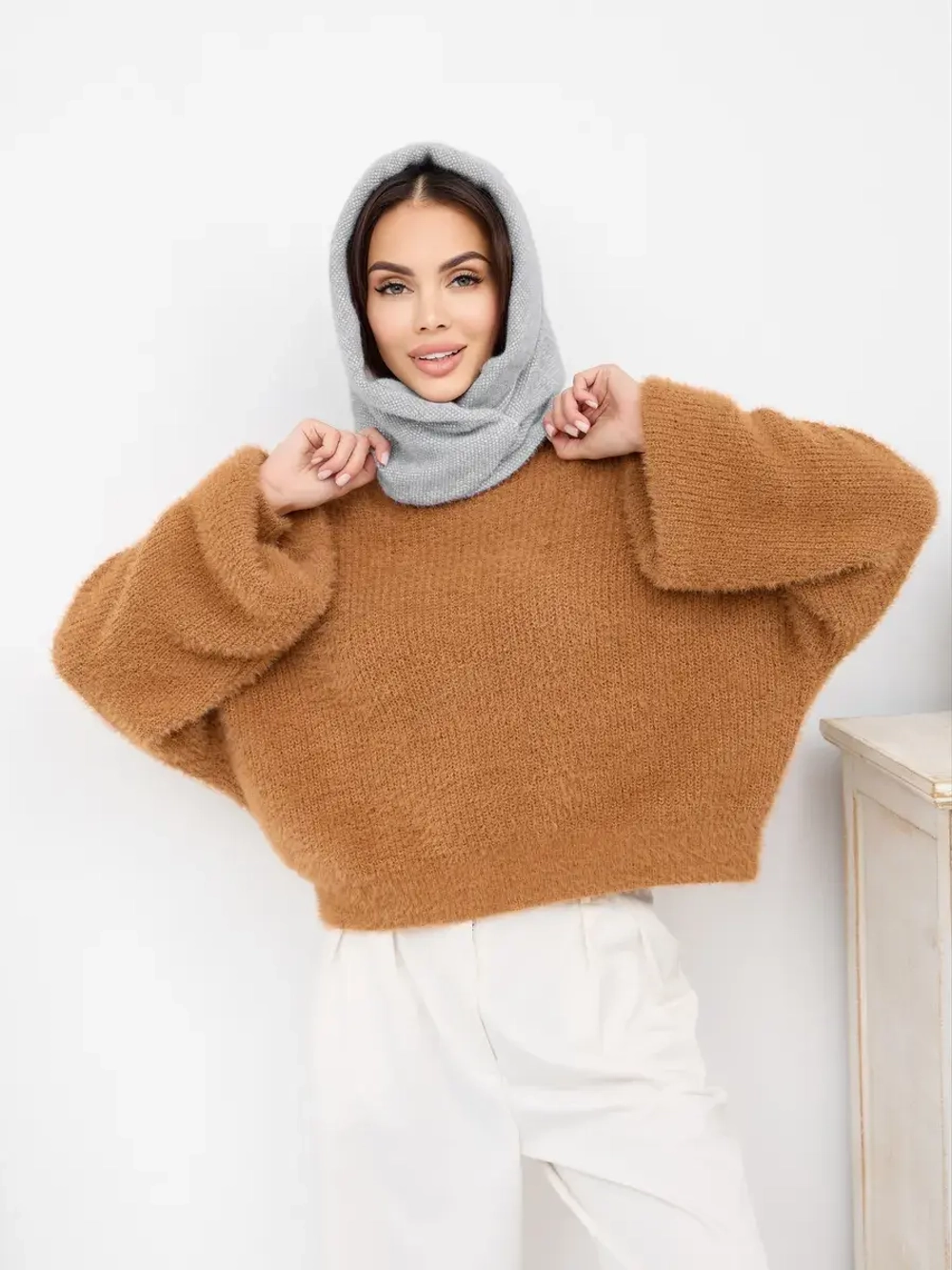 Капор зимний вязаный капюшон на флисе