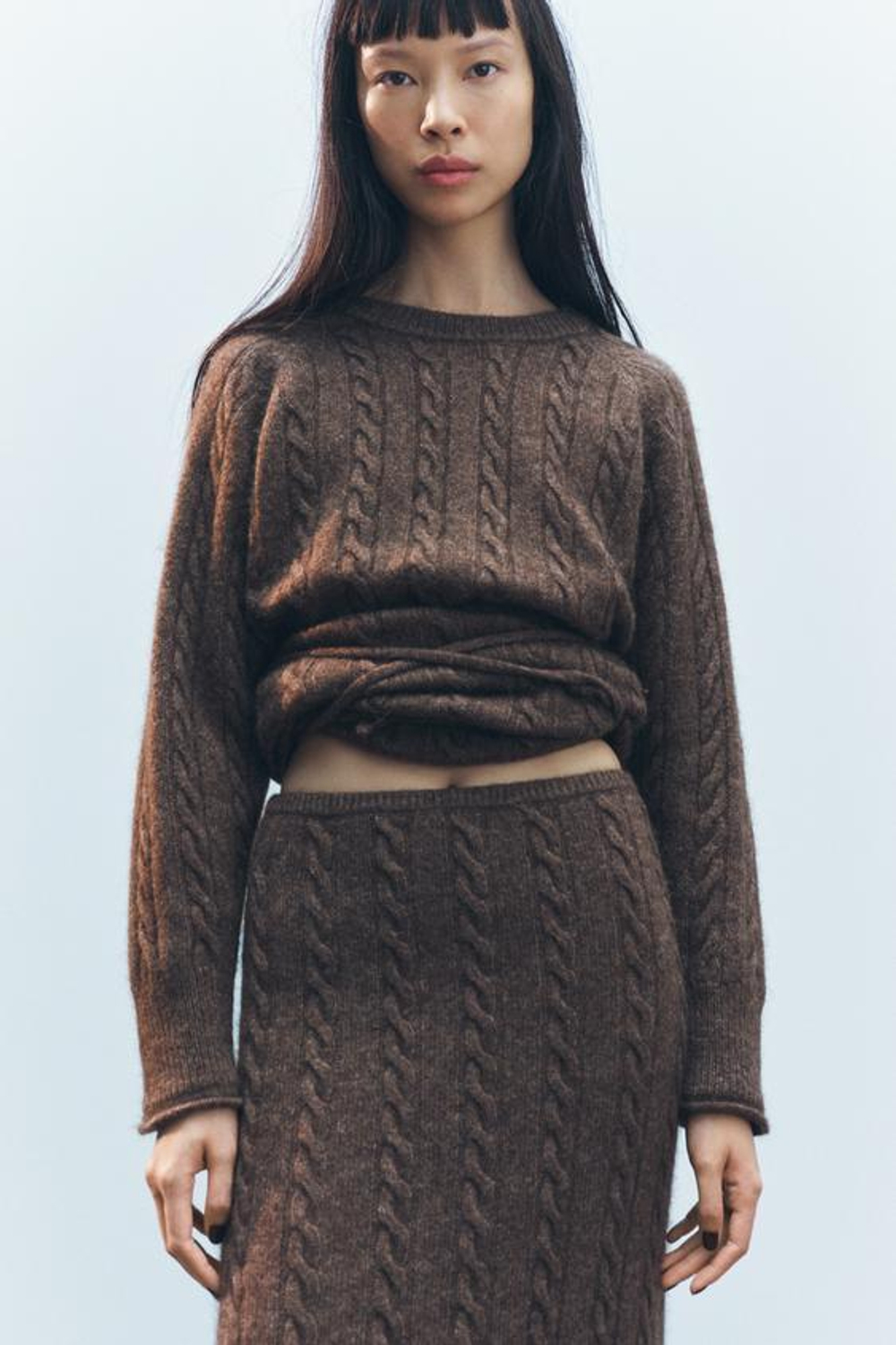 ZARA ЮБКА МИДИ ИЗ СМЕСОВОЙ ШЕРСТИ С УЗОРОМ «КОСЫ», КОРИЧНЕВЫЙ