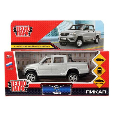 Модель ин. мет. "УАЗ Пикап" 12см, двери, багаж, серебристый, коробка PICKUP-12-SR (Технопарк)