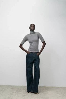 ZARA ТРИКОТАЖНЫЙ ТОП С ВЫСОКИМ ВОРОТНИКОМ, СЕРЫЙ