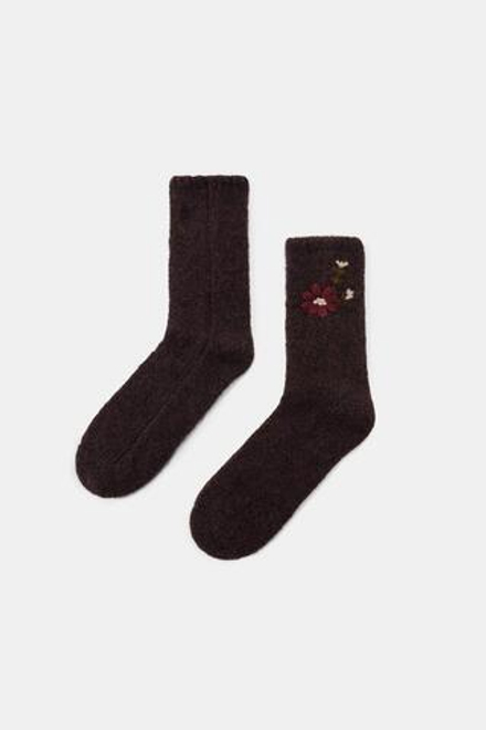 ZARA НОСКИ С ЦВЕТОЧНОЙ ВЫШИВКОЙ, КОРИЧНЕВЫЙ