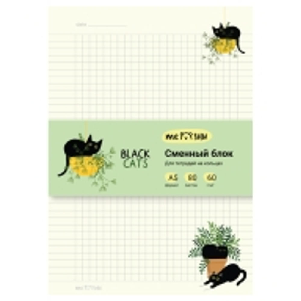 Сменный блок 80л., А5 клетка "Black Cats", пленка т/у, в клетку, MESHU