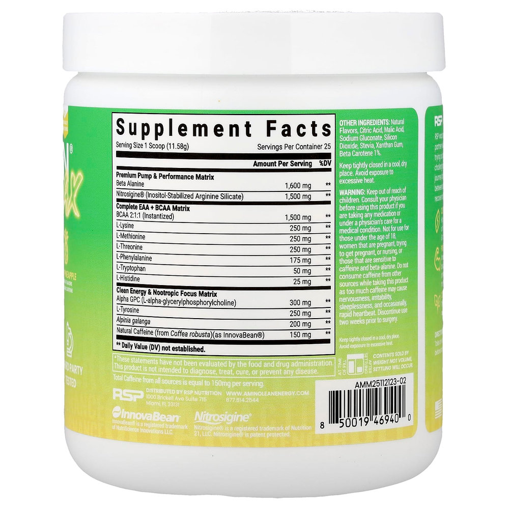 RSP Nutrition, AminoLean® Max, предтренировочный комплекс для выработки энергии, со вкусом ананаса Мауи, 290 г (10,21 унции)