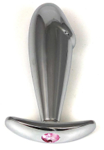 Серебристая анальная пробка-фаллос с нежно-розовым кристаллом – 9,5 см. (Цвет: нежно-розовый)